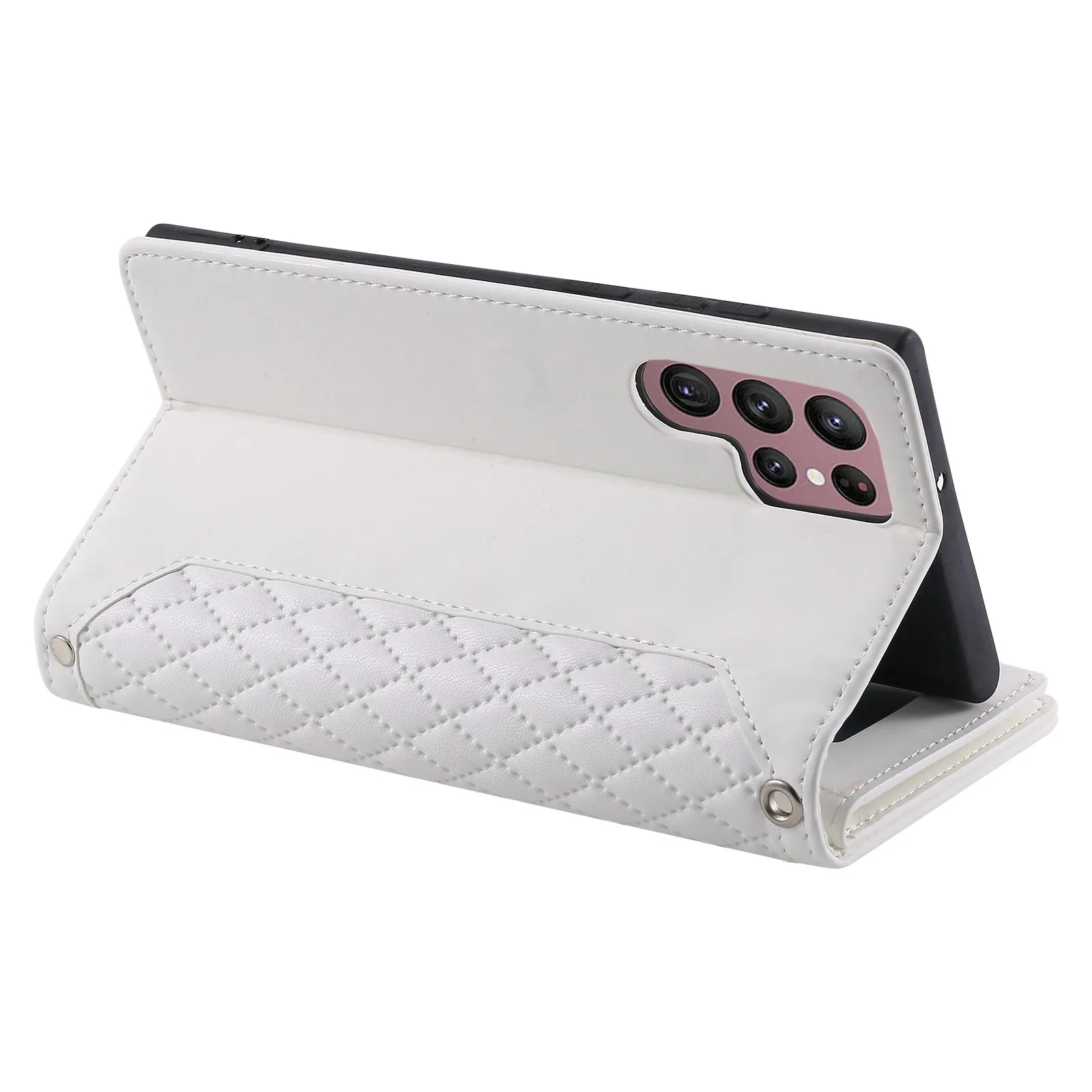 005 Style for Samsung Galaxy S22 Ultra 5G Rhombus Texture PU Leather Phone Wallet Stand Cover Zipper Pocket Design Anti-drop Case with Wrist Strap