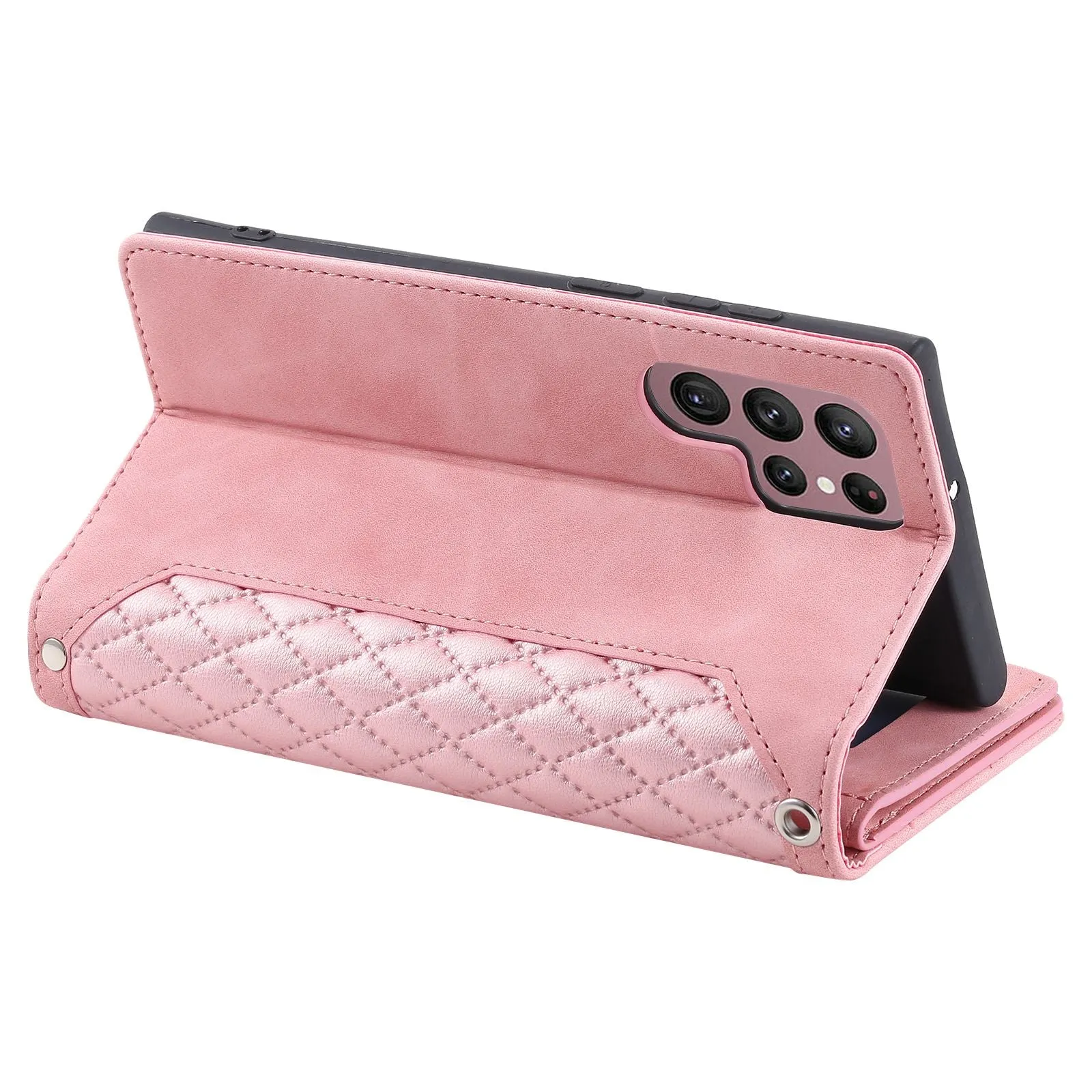 005 Style for Samsung Galaxy S22 Ultra 5G Rhombus Texture PU Leather Phone Wallet Stand Cover Zipper Pocket Design Anti-drop Case with Wrist Strap