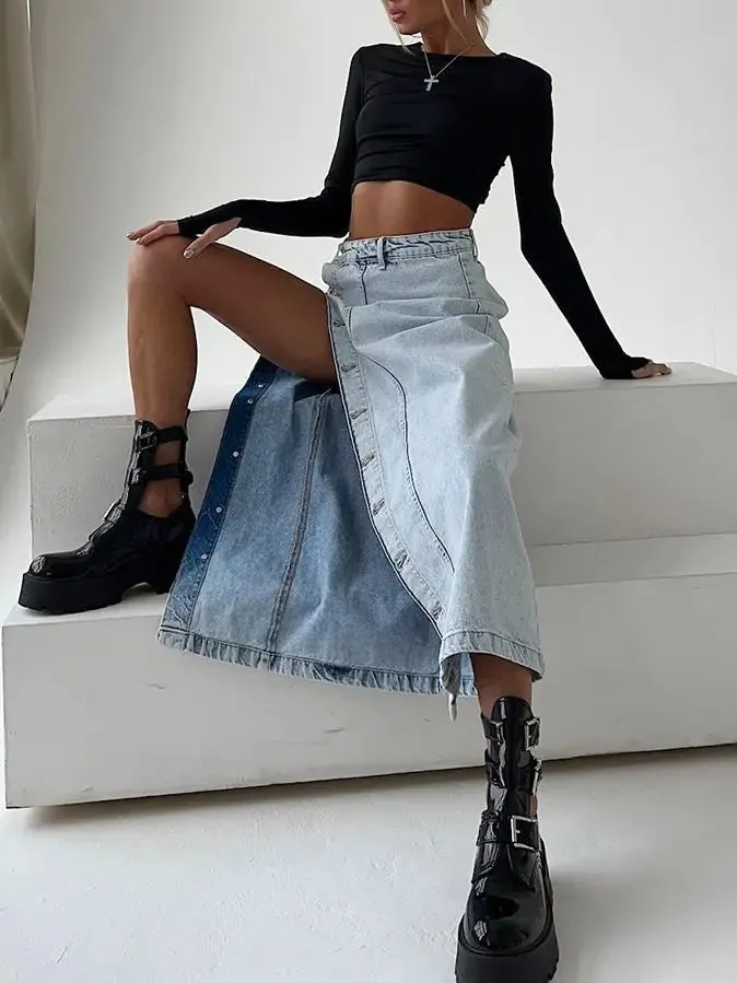 2024 Women's Denim Side Split Button High Waist Midi Office Lady Jean Long Skirt