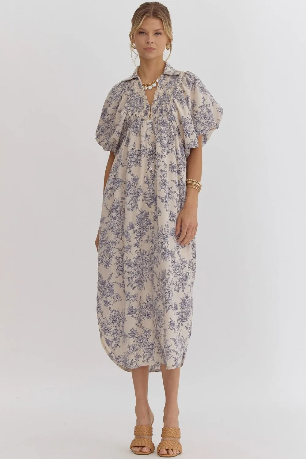 Aurelia Cream & Blue Floral Midi Dress