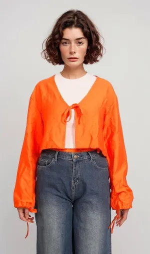 R206973-R206973 - Tie-Front Cropped Blouse - Neon Orange