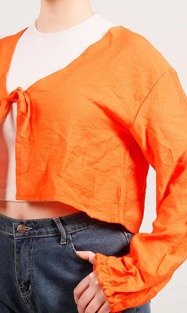 R206973-R206973 - Tie-Front Cropped Blouse - Neon Orange