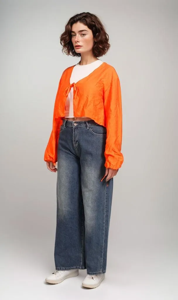 R206973-R206973 - Tie-Front Cropped Blouse - Neon Orange