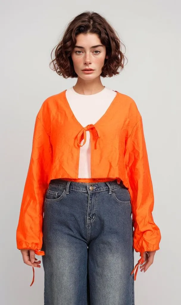 R206973-R206973 - Tie-Front Cropped Blouse - Neon Orange