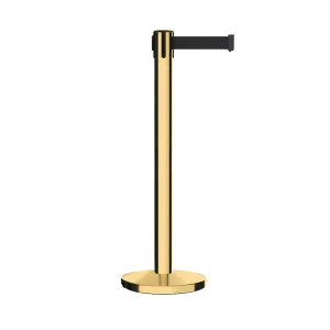 Retractable Belt Barrier Stanchion, Polished Brass Post with Heavy Duty Cast Iron Base, 14 ft Belt – Montour Line MI650